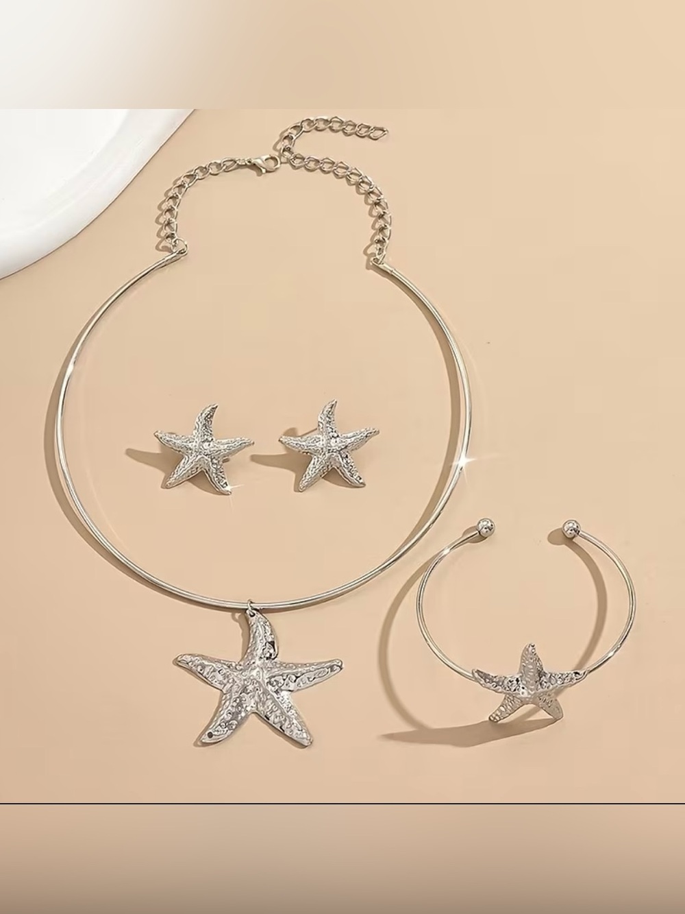 Silver Starfish Jewelry Set - Necklace, Earrings & Bracelet
